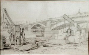 View of Southwark Bridge and the River Thames from Bankside, with two derricks in the foreground by Edward William Cooke