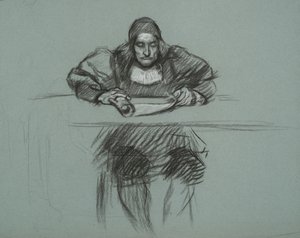 Figure for Trial of Queen Katherine. Clerk at Desk by Edwin Austin Abbey