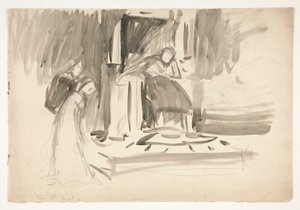 Figure on throne, flanked by two figures, sketch for an unidentified Shakespeare play by Edwin Austin Abbey