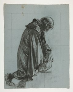 Figure study for Sir Lancelot and Sir Bors outfit Galahad with his spurs, from The Quest of the Holy Grail (second of a series of fifteen paintings for the Boston Public Library, completed in 1901) by Edwin Austin Abbey