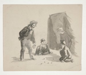 Four Boys Playing Marbles (Recto); Unidentified Illustration of Boy at Easel in Interior (Verso) by Edwin Austin Abbey