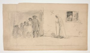 Group of Figures Outside Stone House - Unidentified Illustration by Edwin Austin Abbey