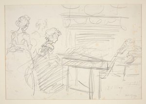 Interior Scene: Woman at Piano and Family - Unidentified Illustration by Edwin Austin Abbey