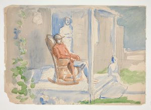 Man in rocking chair on front porch with his wife and child - unidentified illustration