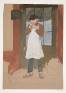 Man lighting a pipe in doorway by Edwin Austin Abbey