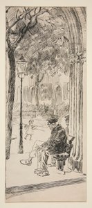 Man on park bench - unidentified illustration by Edwin Austin Abbey