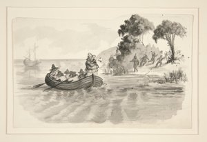 Men in Rowboat Fleeing Indians on Shore - Unidentified Illustration (Columbus Discovering New World?) - Explorers Landing in the New World by Edwin Austin Abbey