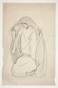 Sketch of a Cloaked Female Figure in Prayer for Three Marys at the Cross