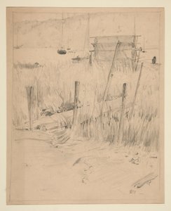 Sketch of an old dock, with weeds growing up around it by Edwin Austin Abbey