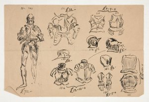 Sketches of Armor, with Prices in British Pounds Below Each Item by Edwin Austin Abbey