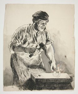 Study of a Blacksmith, Hammering Iron - Unidentified Illustration by Edwin Austin Abbey
