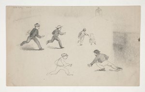 Three Studies (men with horses, study of head) (recto); Six Studies of Running Figures, Study of a Bell Tower (verso)