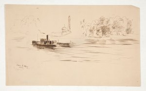 Tugboat Pushing Barge on River by Edwin Austin Abbey