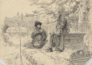 Two figures in a churchyard