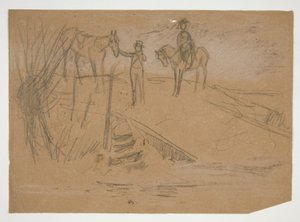 Two Men and Two Horses in a Landscape - Unidentified Illustration by Edwin Austin Abbey