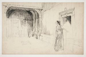 Woman and Dog in an Interior (unidentified illustration for a play?) by Edwin Austin Abbey
