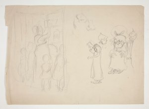 Woman with Children and Cartoon - Unidentified Illustration