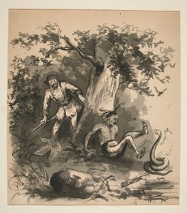 Woodland Scene of a Hunter, an Indian, and a Snake - Unidentified Illustration