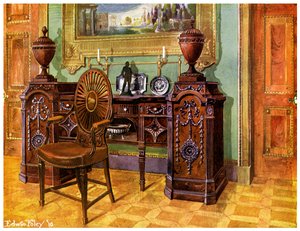 Carved mahogany pedestal sideboard and oval wheelback masters chair, 1911-1912