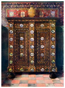 Walnut Kas Inlaid and with Painted Medallions of Delft Ware by Edwin Foley