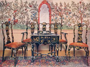 Black Lacquer Settee, Chairs and Table, Red Lacquer Mirror. Wall-Paper at Wotton-under-Edge by Edwin John Foley