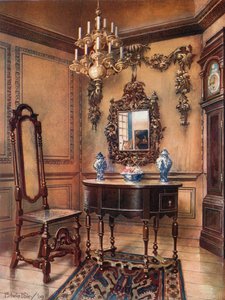 Panelling, with Grinling Gibbon Carvings. Mirror Frame, Walnut Table, William and Mary. Walnut Chair, Charles Wesley