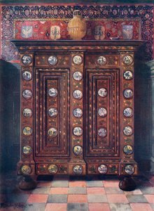 Walnut Kas Inlaid and with Painted Medallions of Delft Ware by Edwin John Foley