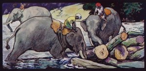 Elephants Handling Logs in River by Edwin Noble