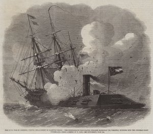 The Civil War in America, Naval Engagement in Hampton Roads, the Confederate Iron-Plated Steamer Merrimac (or Virginia) running into the Federal Sloop Cumberland by Edwin Weedon