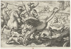 Landscape with Ostrich Hunt (Hunting Scenes, Icones Venantum Species Varias Representantes) by Egbert Jansz.