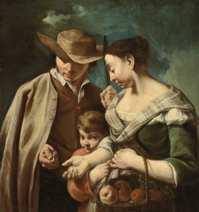 A fruit seller and a young boy, with a basket of peaches, pears and grapes, in a landscape, with a man holding a gun and a coin by Egidio (attr.to) Dall