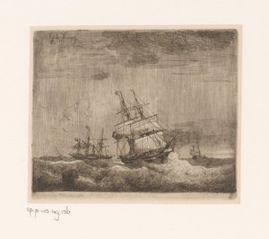 Sailing Ships and a Paddle Steamer at Sea by Egidius Linnig