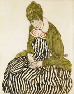 Edith Schiele in a striped dress, seated by Egon Schiele
