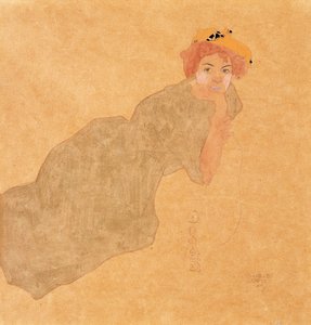 Girl in Olive Coloured Dress with Propped Arm by Egon Schiele