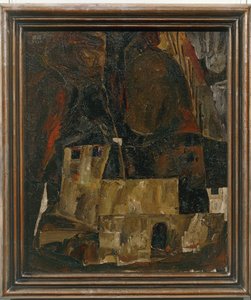 House and Wall in Front of a Hilly Landscape by Egon Schiele