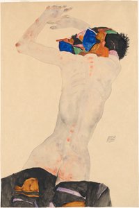Nude from the back with a colored cloth by Egon Schiele