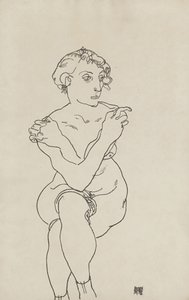 Seated female nude, arms and legs crossed by Egon Schiele