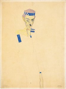 Self-Portrait with blue checked headband by Egon Schiele