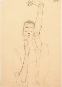Self Portrait with a Raised Arm and Red Mouth by Egon Schiele