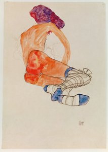 Seated Female Nude with Blue Garter by Egon Schiele