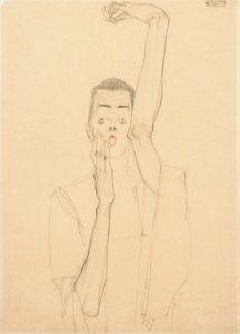 Young Man with a Raised Arm and Red Mouth by Egon Schiele