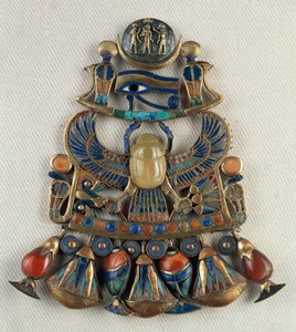 Breastplate with solar and lunar emblems, From Tomb of Tutankhamun, Thebes, Egypt, Goldsmith art, Egyptian civilization, New Kingdom, Dynasty XVIII by Egyptian 18th Dynasty