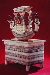 Chest with a boat decorated with two heads of a Syrian ibex and two female figures thought to be Princess Mutnedjmet, from the tomb of Tutankhamun by Egyptian 18th Dynasty