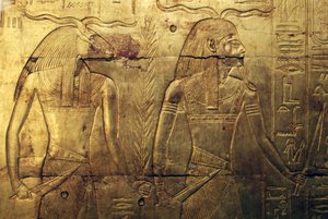 Deities, engraving on rear panel of third burial chapel covered in gold, Treasury of Tutankhamun, Egypt by Egyptian 18th Dynasty