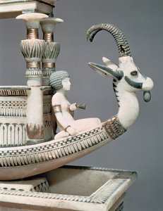 Prow of a Boat with the Head of a Syrian Ibex and a Figure Thought to be Princess Mutnedjmet, from the Tomb of Tutankhamun (c.1370-52 BC) New Kingdom (detail) by Egyptian 18th Dynasty