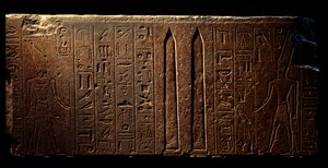 Detail of an engraved fresco depicting Queen Hatshepsut and two obelisks at the Temple of Amon, 18th dynasty, Luxor, Egyptian Art Museum by Egyptian 18th Dynasty