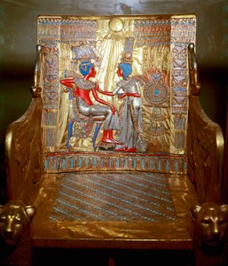 Egyptian Antiquities: A Throne in Gilded and Painted Wood of Tutankhamun. Representation of Queen Ankhesenpaaton Massaging the Shoulder of Her Brother and Husband Tutankhamun Under the Sun