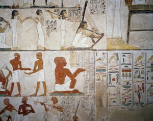 Funeral feast with female musicians, men and musicians (detail), frescoes in the Tomb of Rekhmire, Sheikh Abd el Qurnah Necropolis, Luxor, Thebes