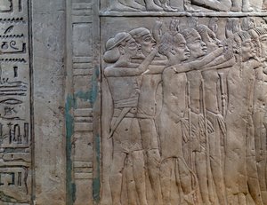 Princes of Nubia, Libya, Syria and Palestine coming to pay homage to king, bas-relief in limestone, from Memphite Tomb of Horemheb, at Saqqara, New Kingdom, Dynasty XVIII by Egyptian 18th Dynasty