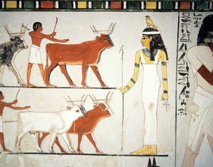 Shepherds and cattle in front of the goddess Imentet by Egyptian 18th Dynasty